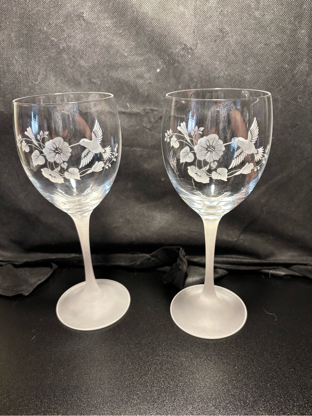Etched Hummingbird Wine Glasses - Clear Frosted Stem (Set of 2)